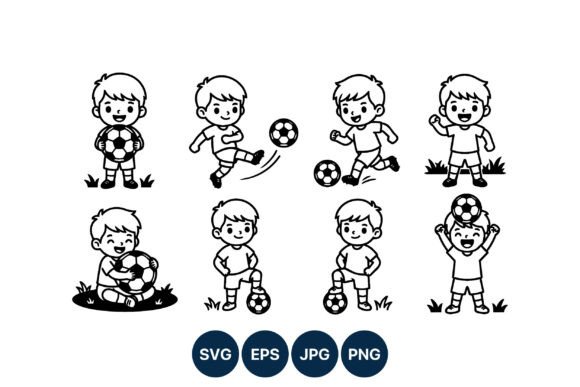 Boy Playing Soccer Line Art Vector: Graphics & Illustrations