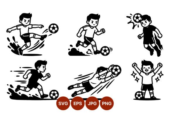 Boy Playing Soccer Vector Art Black and Graphics & Illustrations